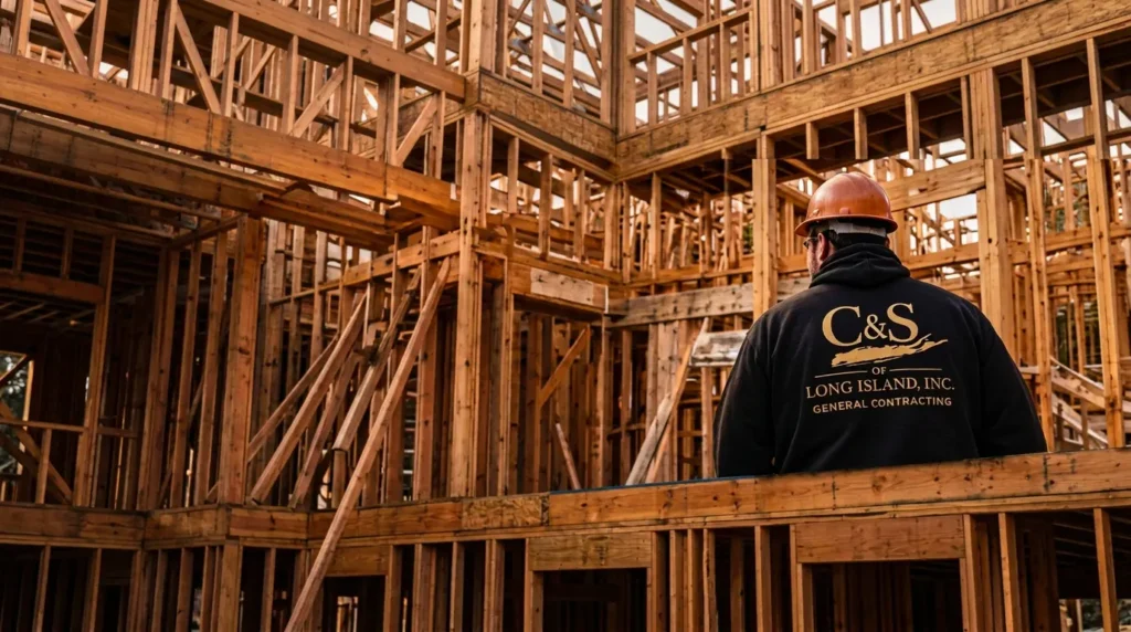 C&S crew member planning a framed home addition on Long Island
