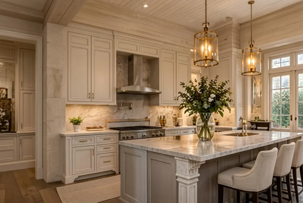 Luxury custom kitchen remodel with marble island and pendant lights